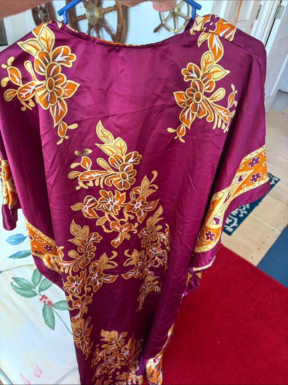 Women's Maxi Caftan Dress in Burgundy with Gold Floral Print - Picture 7 of 7